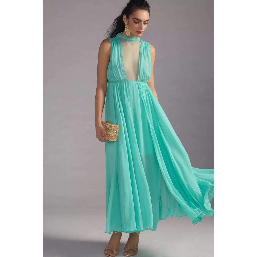 Free People Forever That Girl Sheer Plunge Chiffon Maxi Dress Light Blue Small
